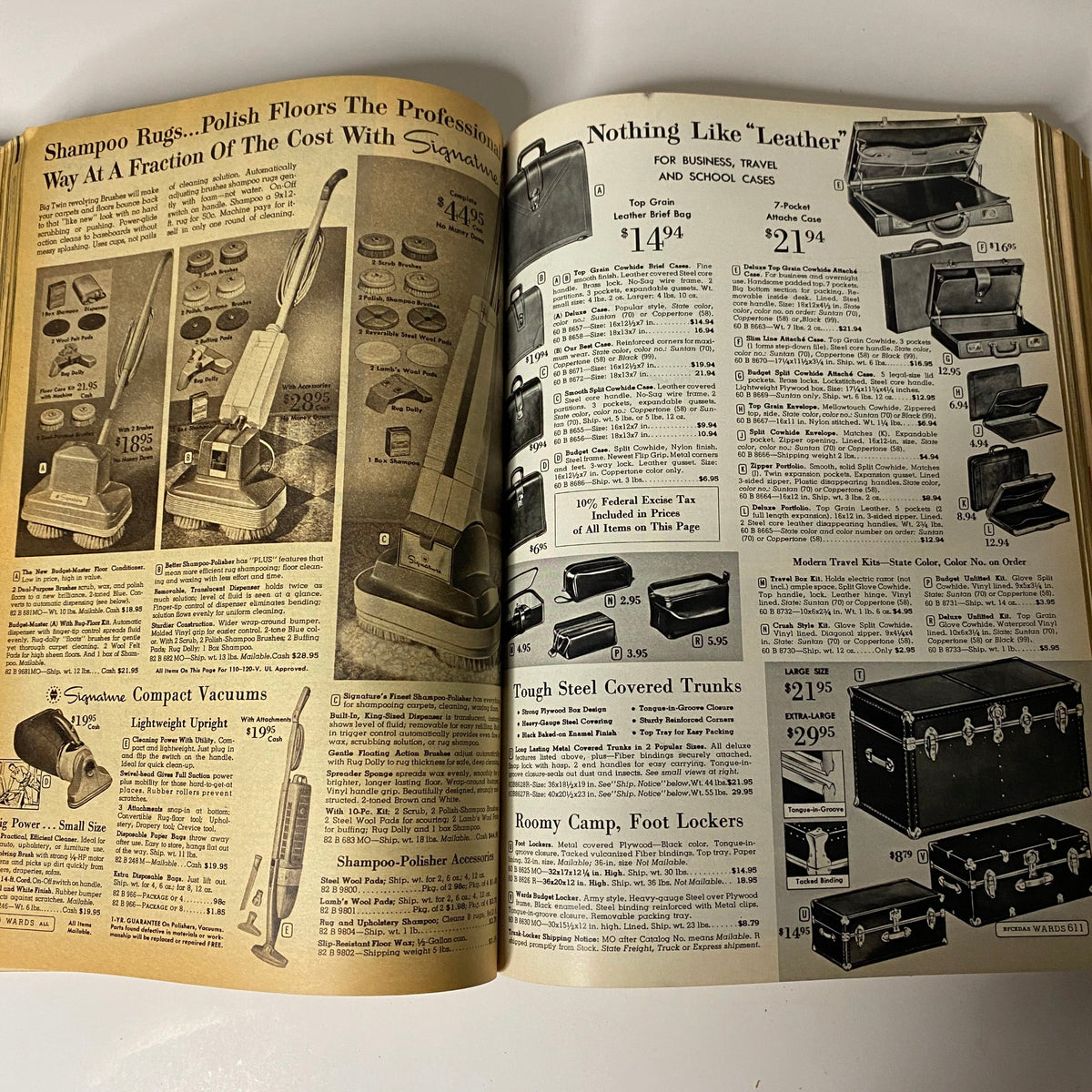 Page from the 1963 Montgomery Ward Spring and Summer Catalog featuring cleaning products and leather bags, highlighting affordable options for household items and travel accessories.