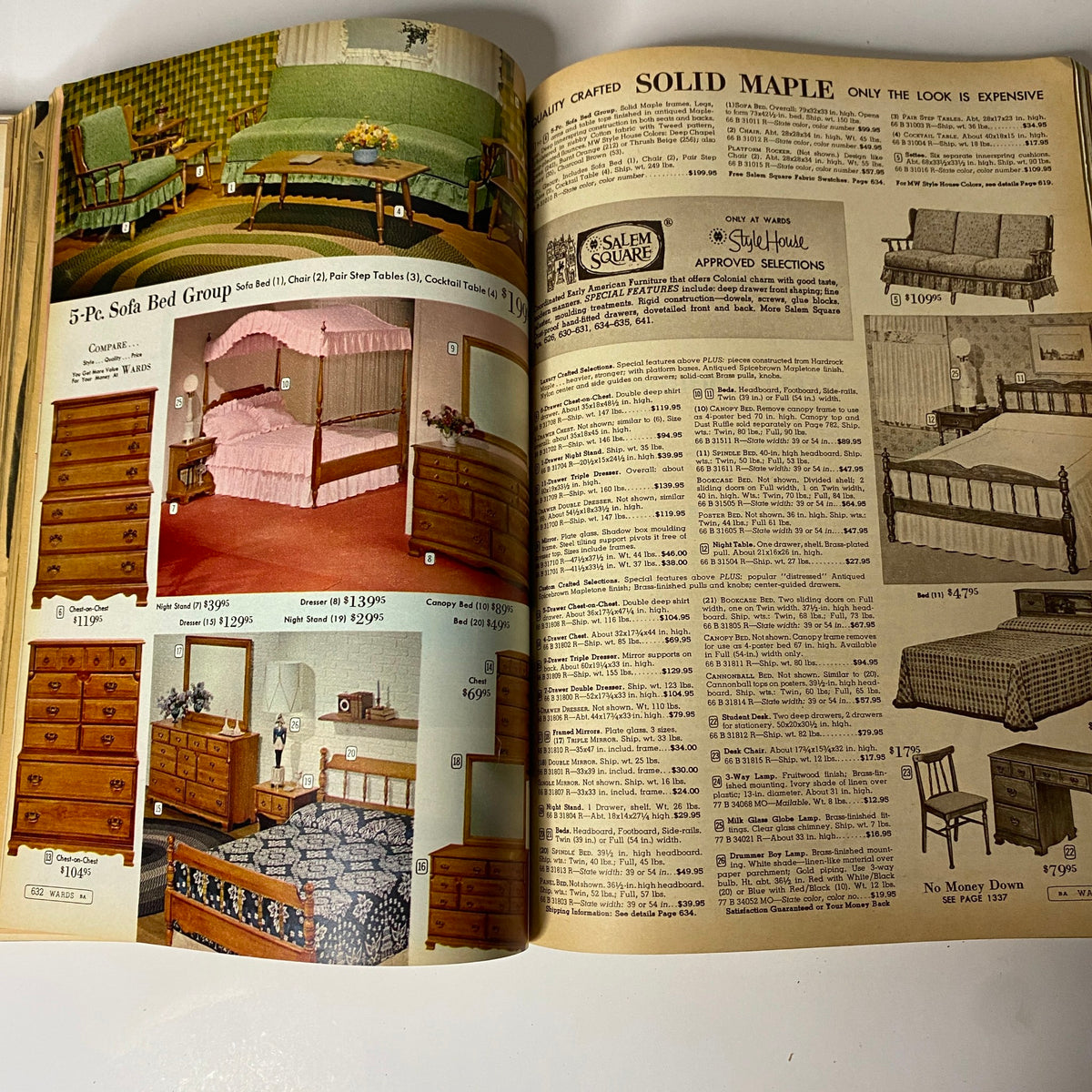 Interior furnishings showcased in the 1963 Montgomery Ward Spring and Summer Catalog, displaying a 5-piece sofa bed group and various stylish bedroom sets with vibrant colors.