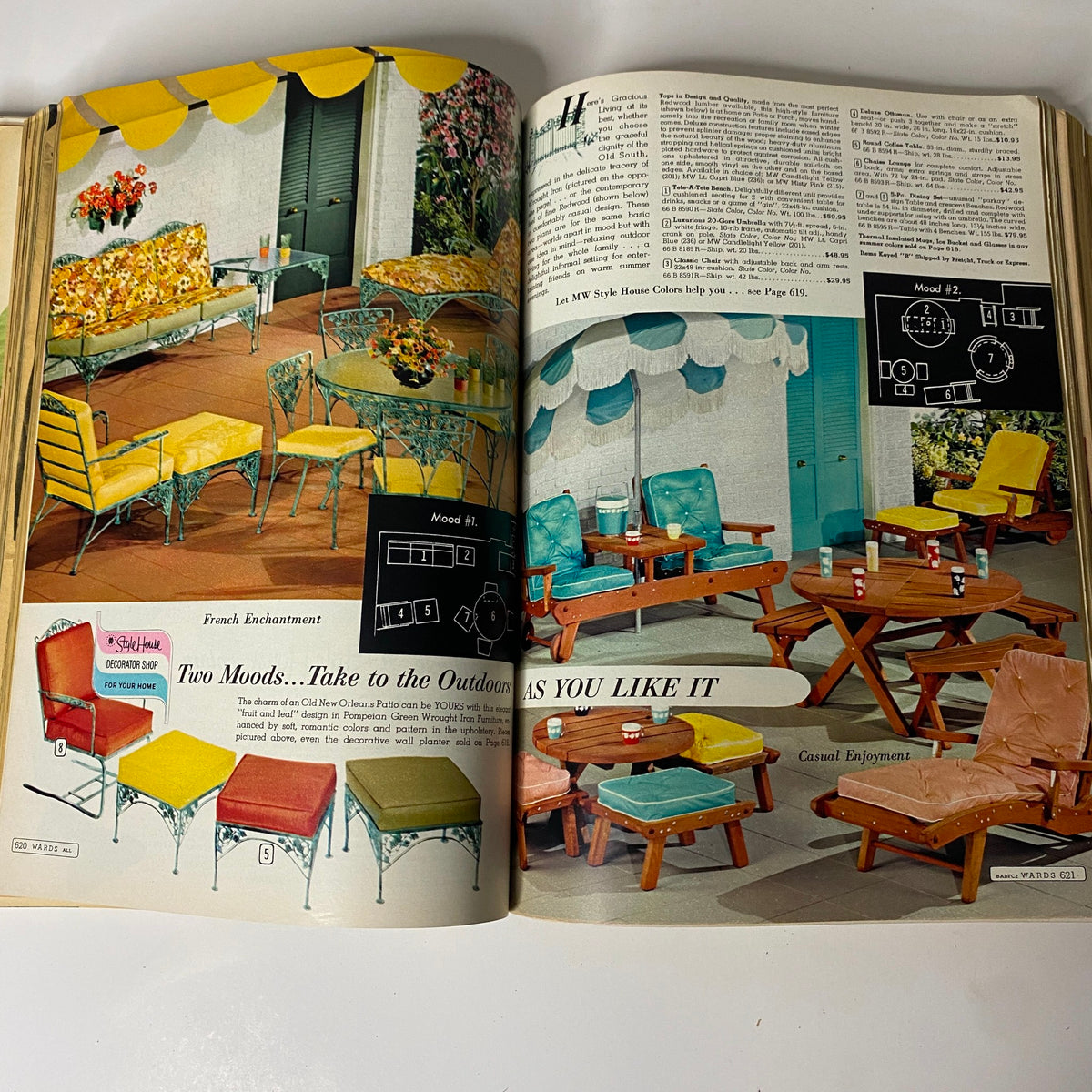 Outdoor furniture collection featured in the 1963 Montgomery Ward Spring and Summer Catalog, presenting colorful patio seating arrangements and tables for casual enjoyment.