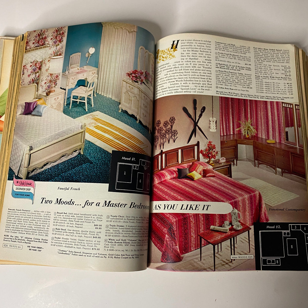 Bedroom design ideas from the 1963 Montgomery Ward Spring and Summer Catalog, featuring two distinct styles for master bedrooms with coordinated furnishings and decor.