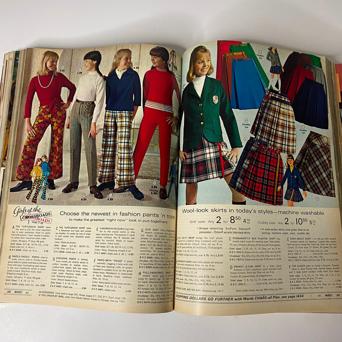 1969 Montgomery Ward Fall and Winter Catalog showcasing girls' fashion with colorful pants and skirts, featuring a variety of styles for young women.