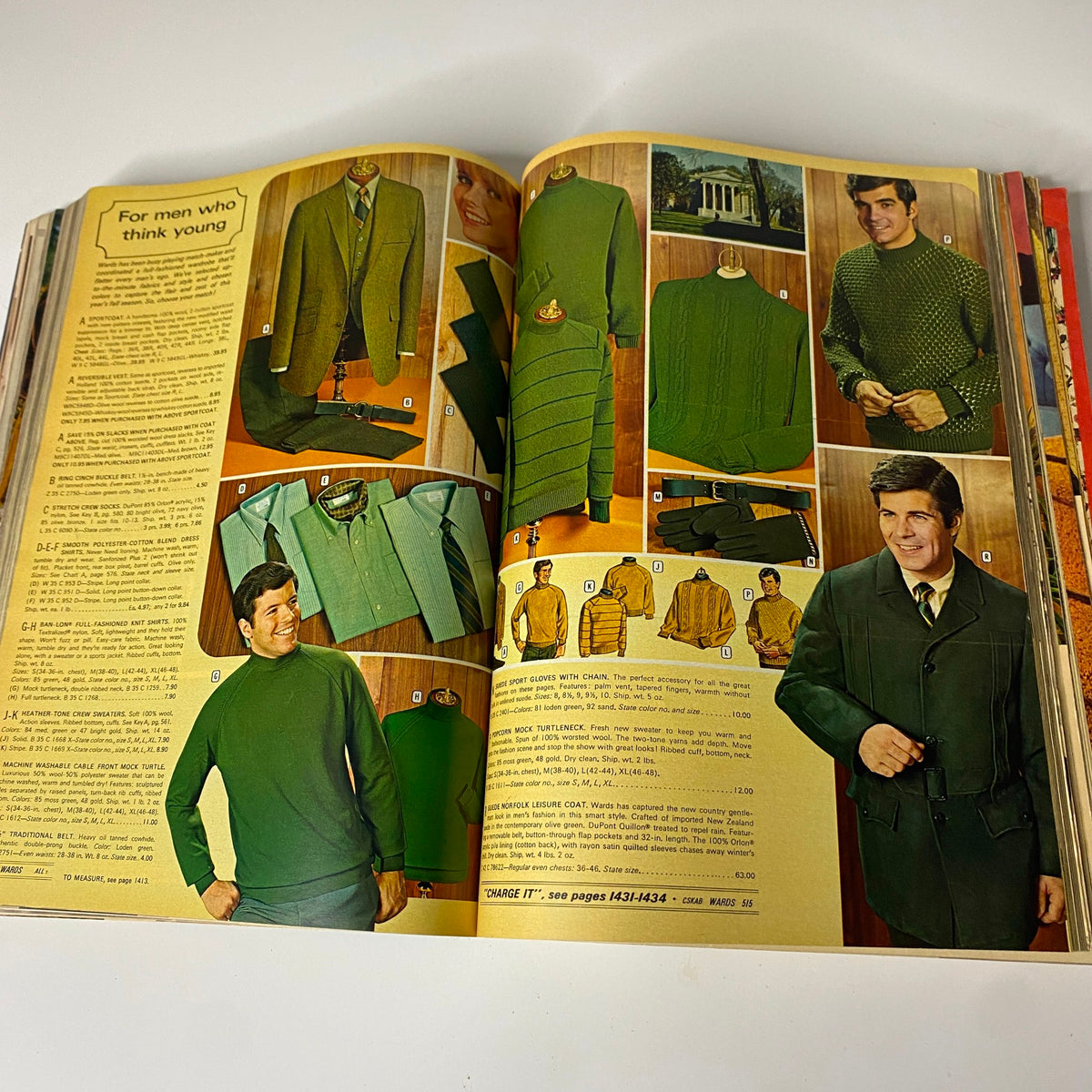 1969 Montgomery Ward Fall and Winter Catalog highlighting men's fashion, presenting green-toned clothing options including sweaters, jackets, and accessories.