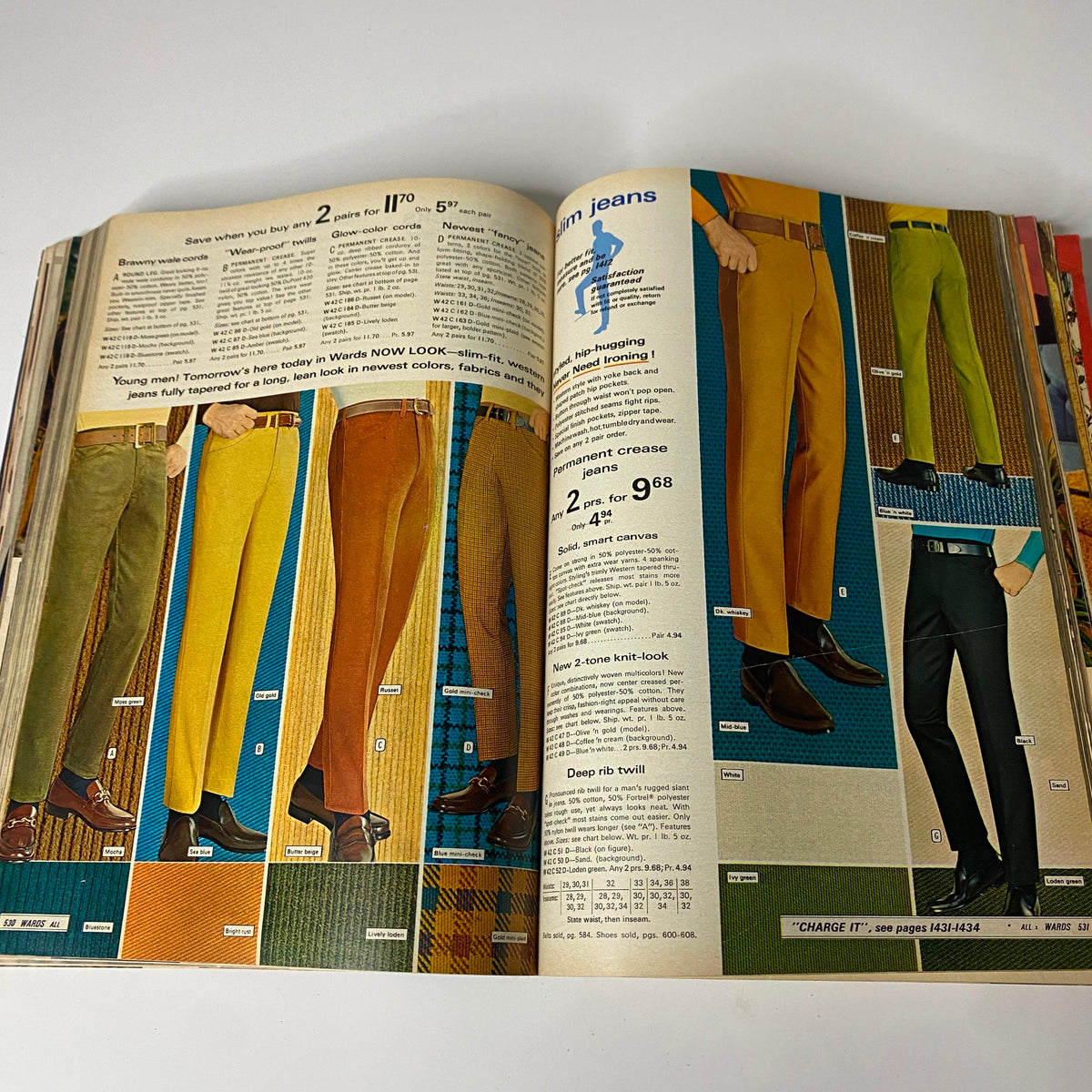 1969 Montgomery Ward Fall and Winter Catalog displaying a range of men's slim fit jeans in various colors, illustrating trending styles of the 1960s.