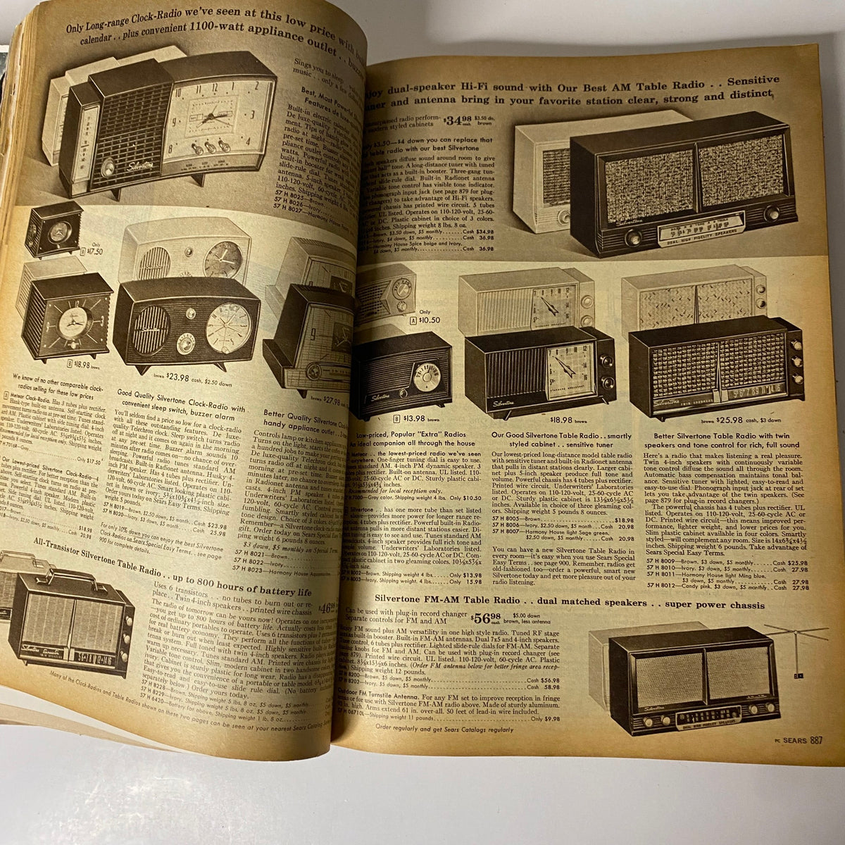 1958 Sears, Roebuck and Co. Spring and Summer Catalog page displaying various table radios and clock radios, highlighting popular vintage audio devices.