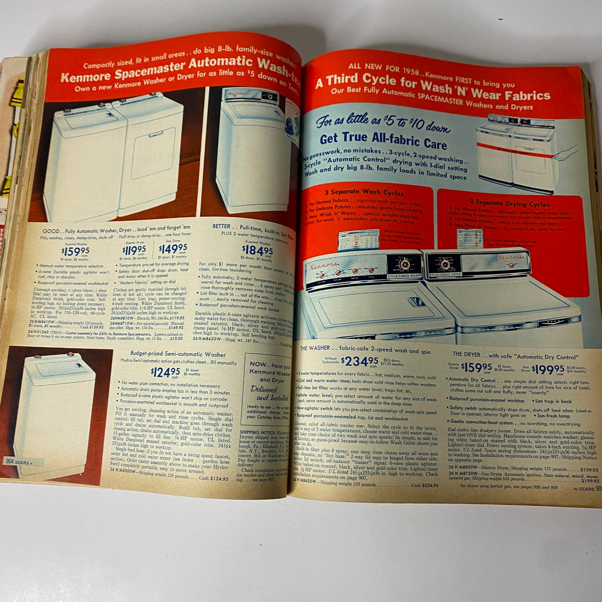 Page from the 1958 Sears, Roebuck and Co. Spring and Summer Catalog showcasing Kenmore Spacemaker Automatic Washers and Dryers with detailed descriptions and pricing.