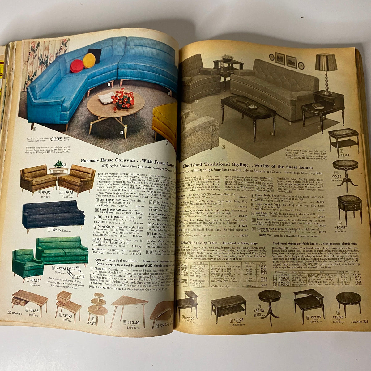 Page from the 1958 Sears, Roebuck and Co. Spring and Summer Catalog featuring a variety of living room furniture including sofas and tables with pricing.