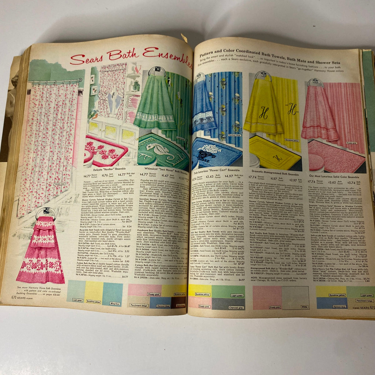Page from the 1958 Sears, Roebuck and Co. Spring and Summer Catalog displaying coordinated bath ensembles including towels, mats, and shower sets with pricing.