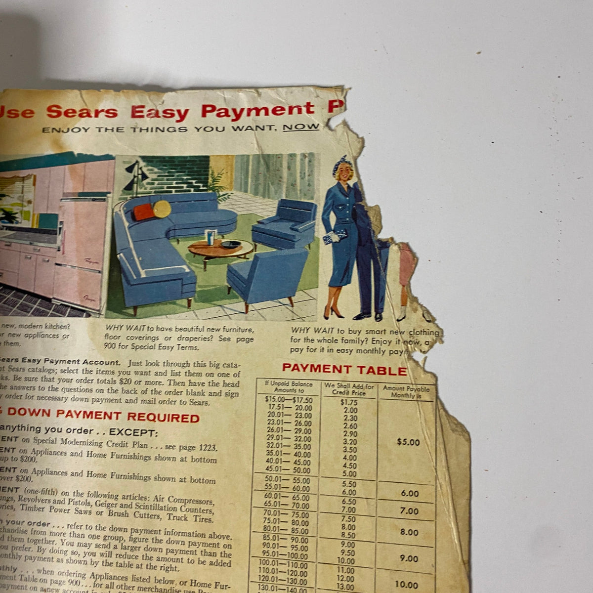 Page from the 1958 Sears, Roebuck and Co. Spring and Summer Catalog featuring the Easy Payment Plan advertisement with images of home furnishings and furniture.