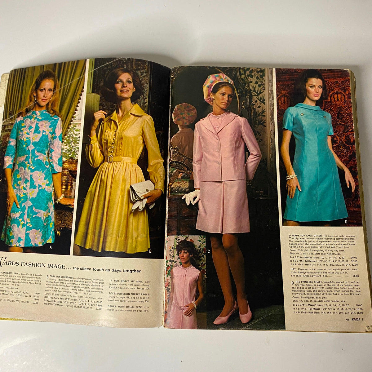 1969 Montgomery Ward Spring and Summer Catalog showcasing fashion styles including colorful dresses worn by models.
