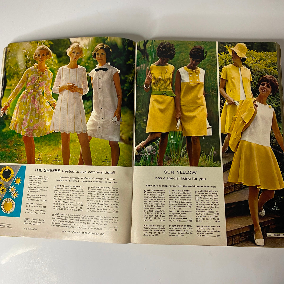 1969 Montgomery Ward Spring and Summer Catalog featuring chic yellow dresses and accessories for various occasions.