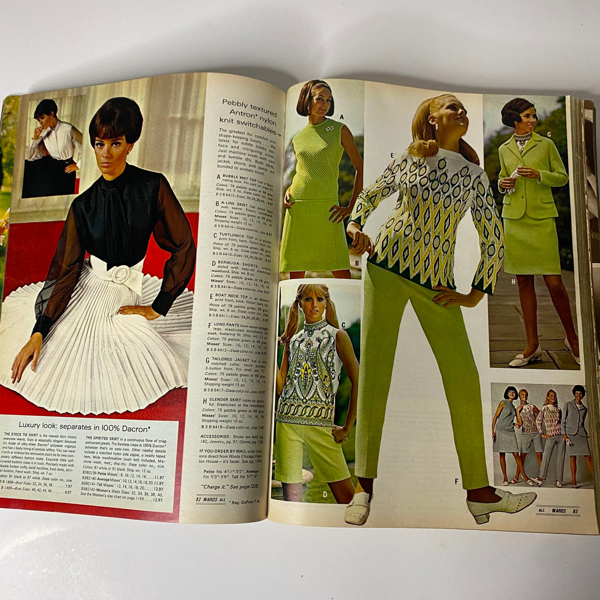 1969 Montgomery Ward Spring and Summer Catalog showcasing vintage fashion styles, featuring models in vibrant, chic outfits, including silk blouses and tailored pants, representing late 1960s fashion trends.