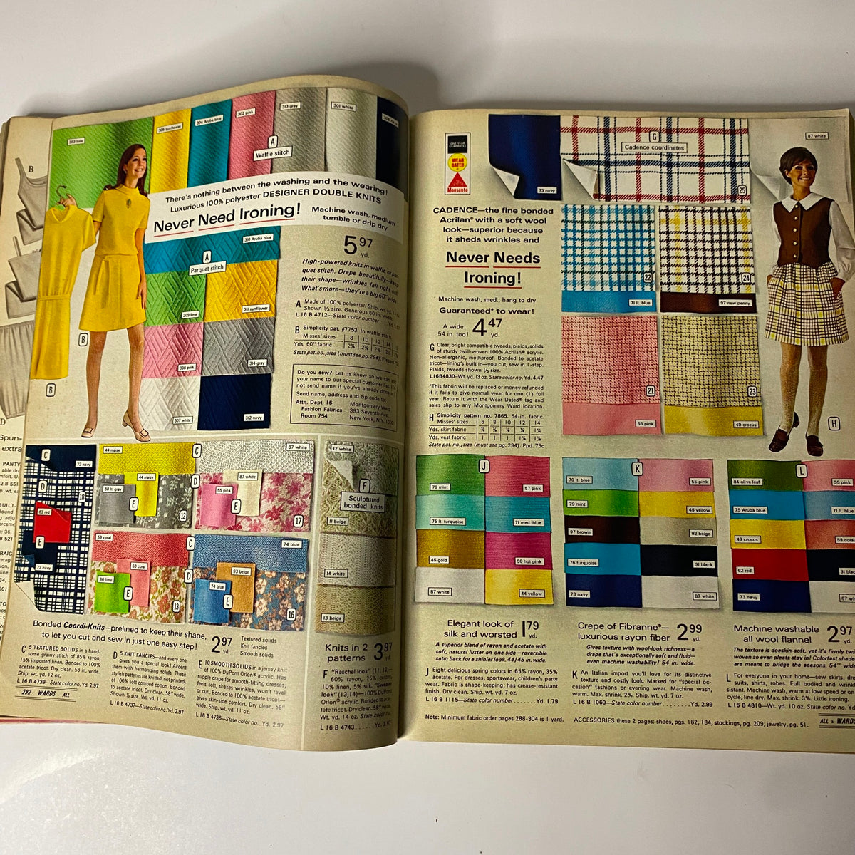 1969 Montgomery Ward Spring and Summer Catalog featuring colorful fabric swatches and clothing options, emphasizing the ease of care and stylish designs from the late 1960s fashion scene.