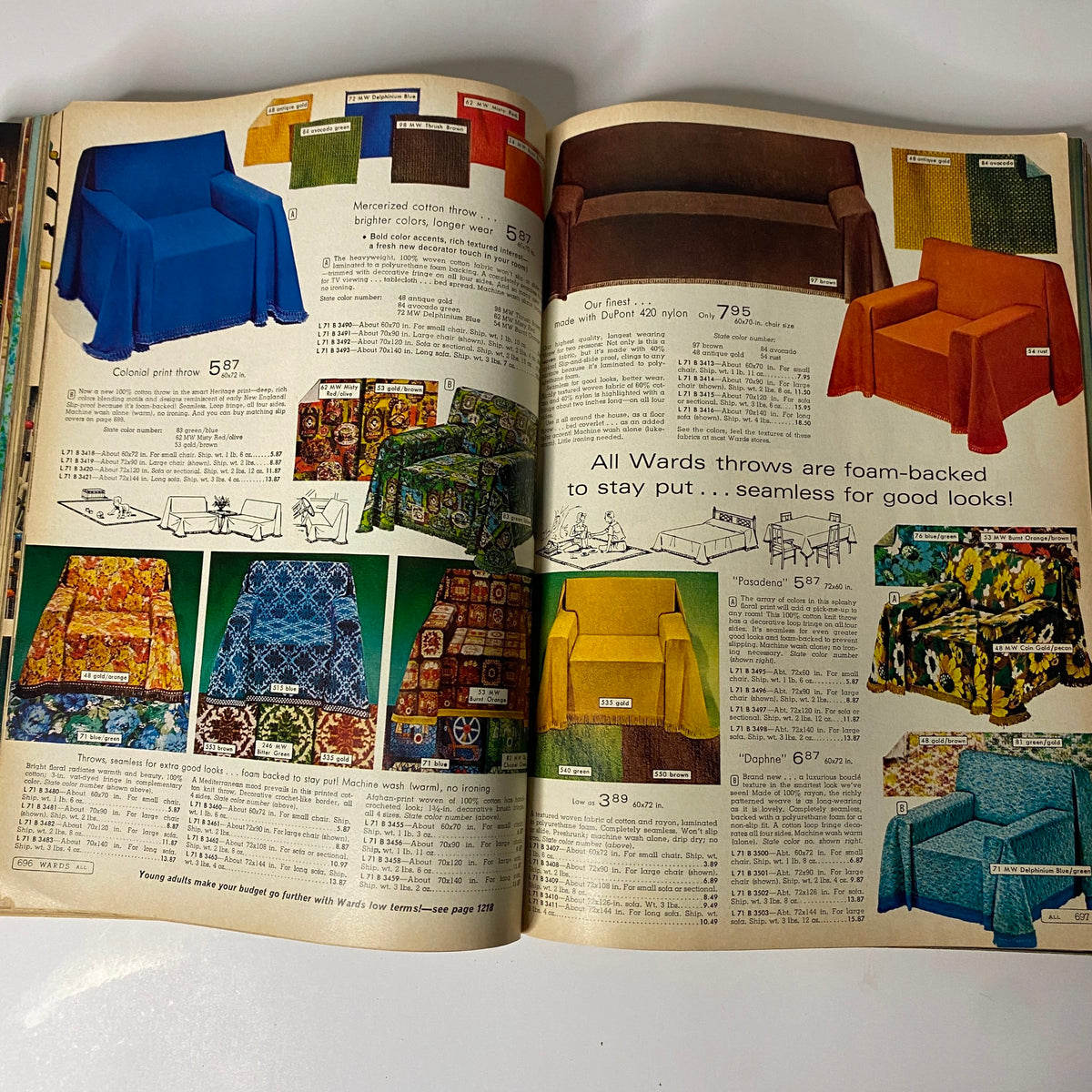 1969 Montgomery Ward Spring and Summer Catalog featuring a variety of colorful foam-backed throws and printed fabrics presented on a vintage page.