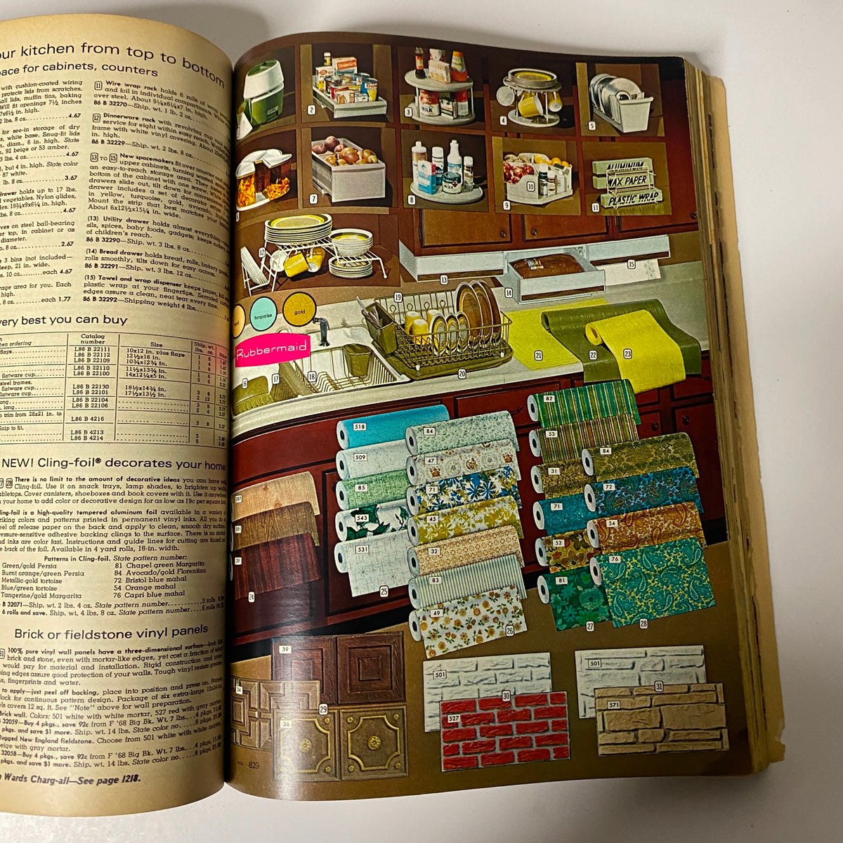 1969 Montgomery Ward Spring and Summer Catalog showcasing kitchen organization items, including Rubbermaid containers and decorative vinyl roll covers on a retro-themed page.