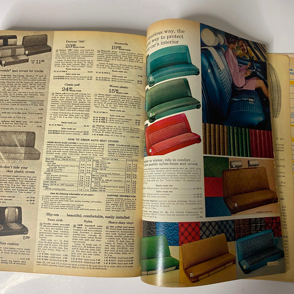 1969 Montgomery Ward Spring and Summer Catalog displaying an array of stylish auto seat covers in various colors, emphasizing vintage automotive accessories.