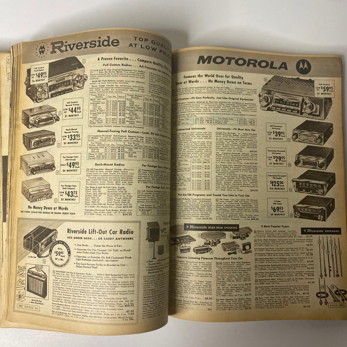 1962 Montgomery Ward Spring and Summer Catalog presenting a selection of vintage Motorola car radios with pricing and product details for retro audio equipment.