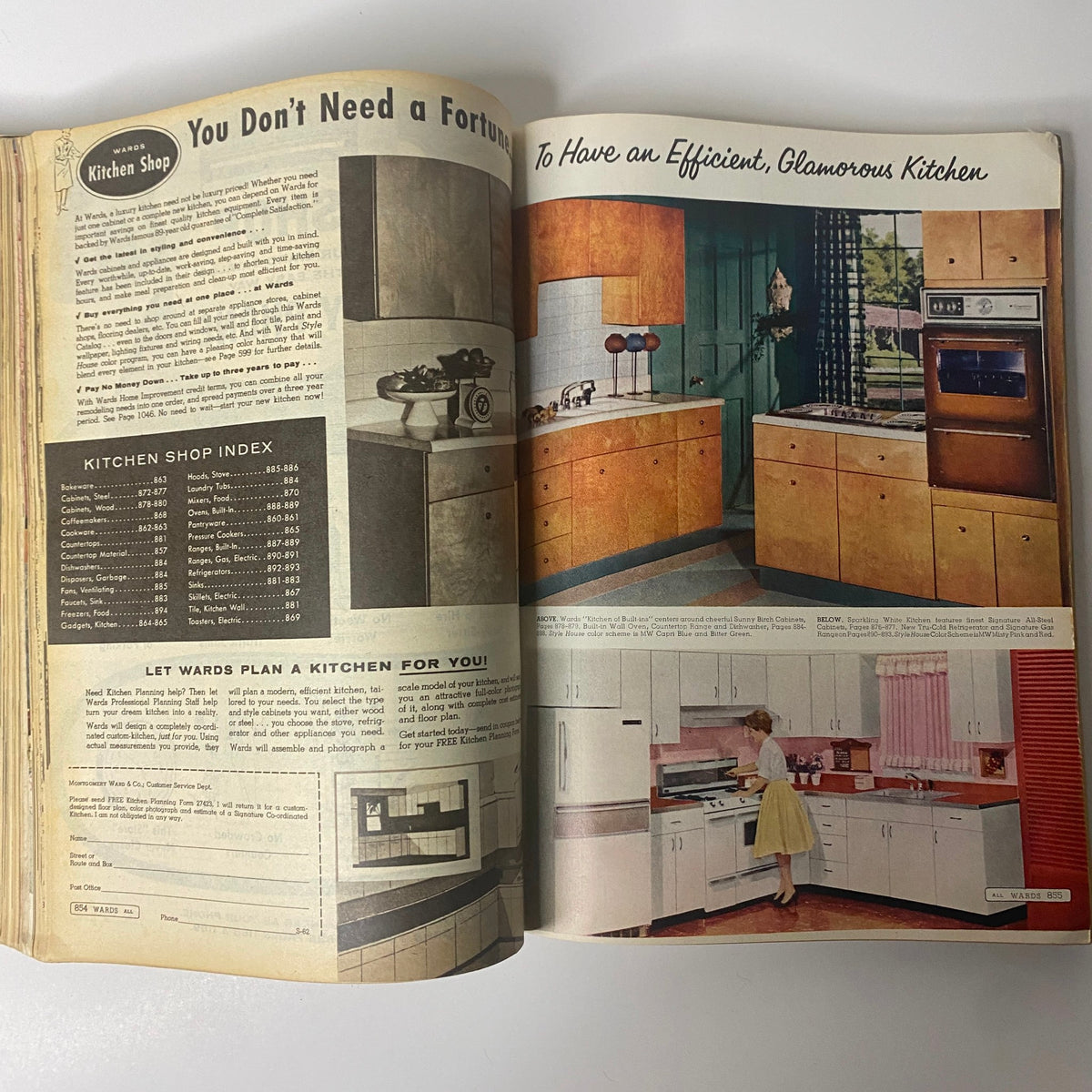 1962 Montgomery Ward Spring and Summer Catalog showing kitchen furniture and appliances with stylish designs and offers, emphasizing retro kitchen aesthetics.