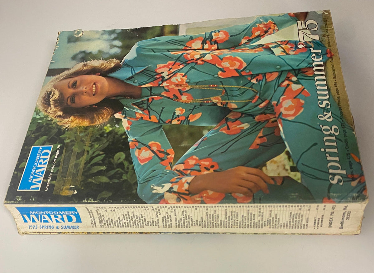 Cover of the 1975 Montgomery Ward Spring and Summer Catalog, featuring a model wearing a floral patterned outfit, showcasing mid-1970s fashion trends.