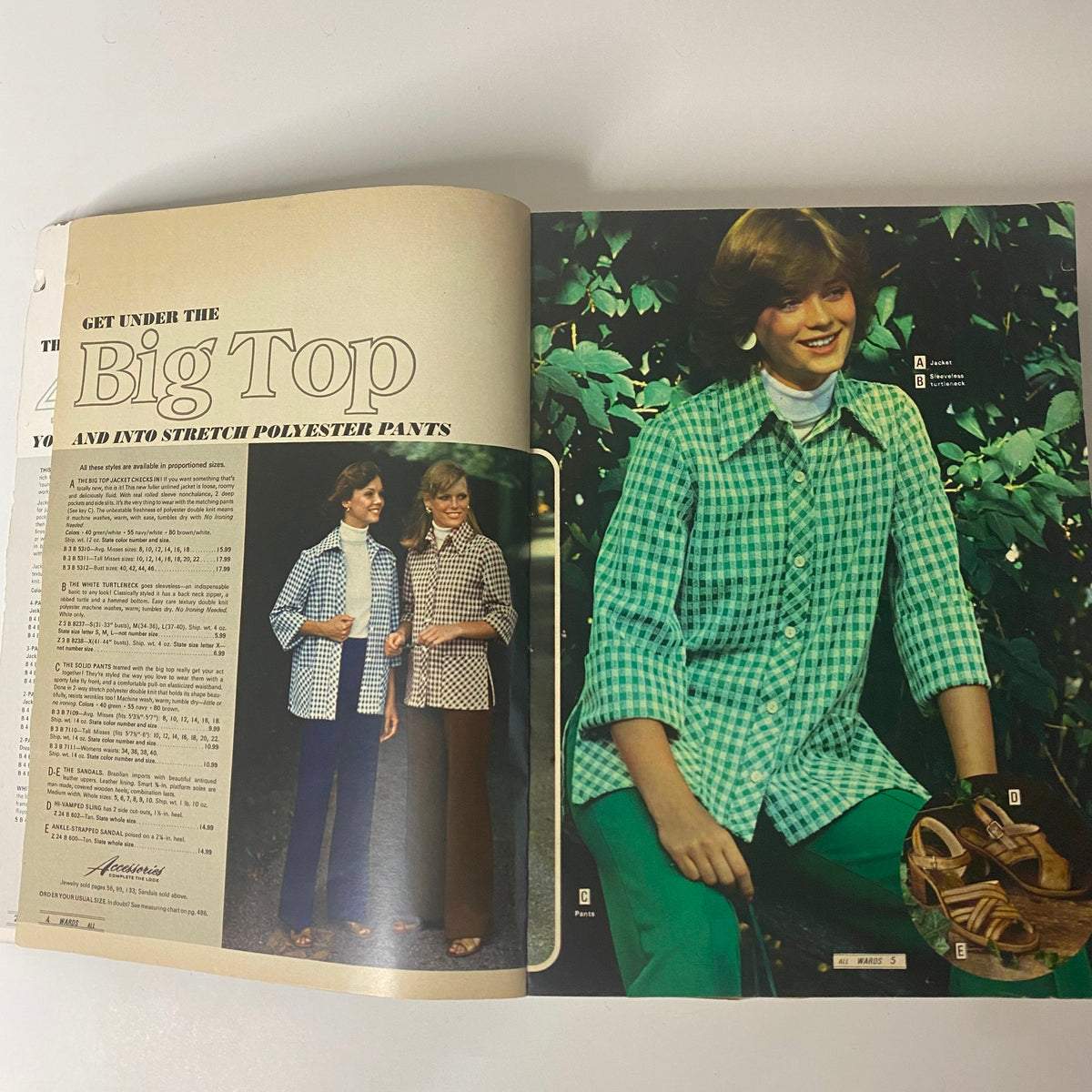 Another page from the 1975 Montgomery Ward Spring and Summer Catalog featuring models in patterned outfits, emphasizing stretch polyester pants and stylish summer tops.