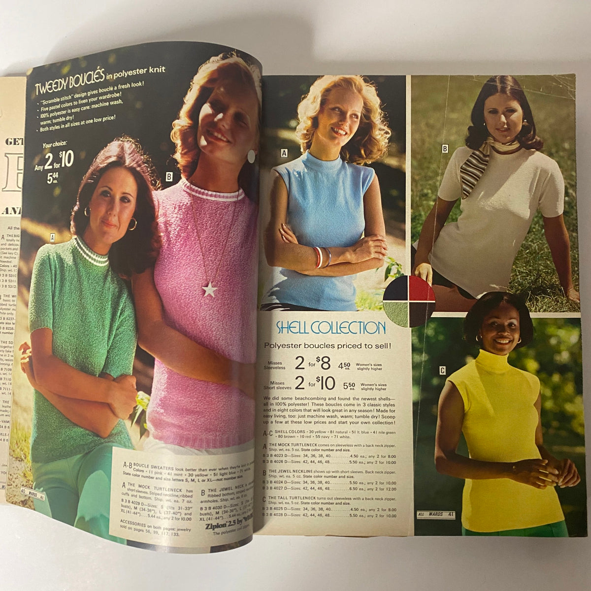 Page showcasing the Tweedy Boucles and Shell Collection from the 1975 Montgomery Ward Spring and Summer Catalog, featuring models in colorful knit tops.