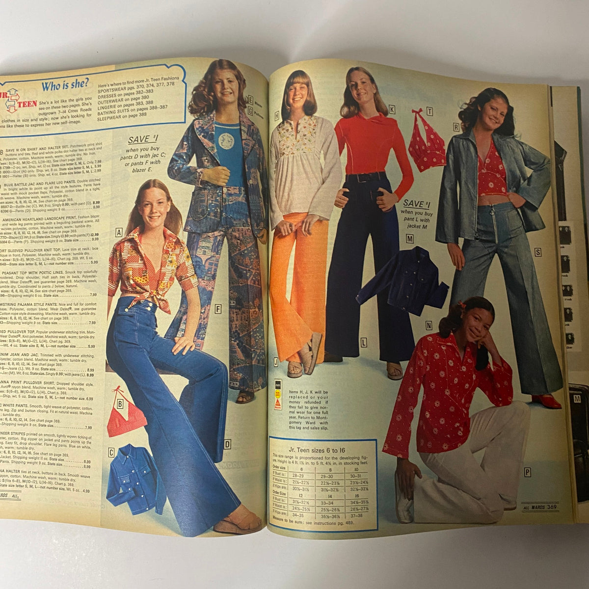 1975 Montgomery Ward Spring and Summer Catalog displaying trendy women's clothing styles, including casual and fashionable outfits ideal for teenagers.
