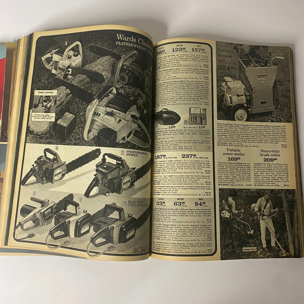 1975 Montgomery Ward Spring and Summer Catalog featuring various chainsaws and gardening equipment, showcasing power tools for outdoor maintenance.