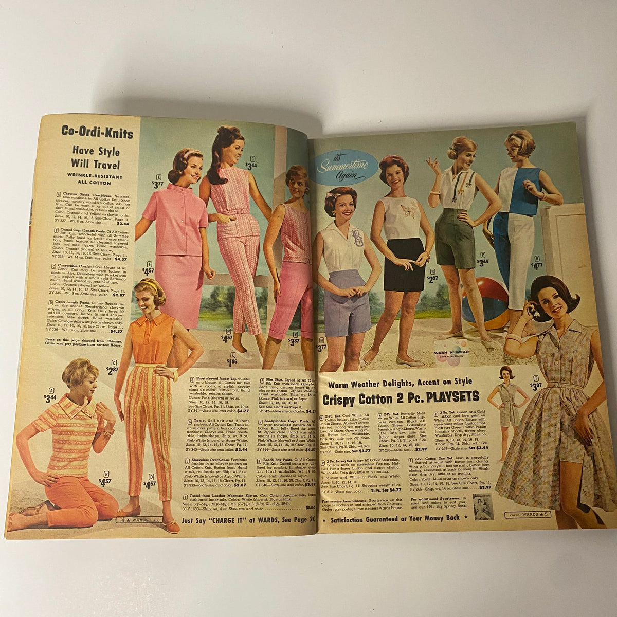 Inside spread of the 1961 Montgomery Ward Summer Catalog showcasing the Co-Ordi-Knits collection with models wearing vibrant summer outfits.