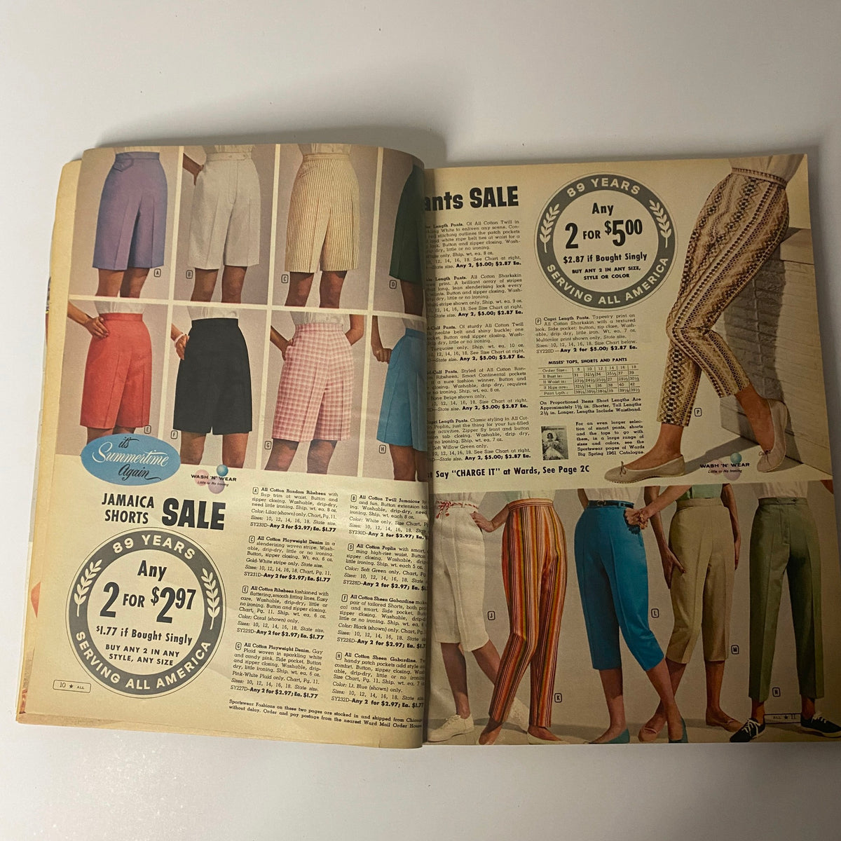 Inside spread of the 1961 Montgomery Ward Summer Catalog highlighting sale items for Jamaica shorts and various pant styles.