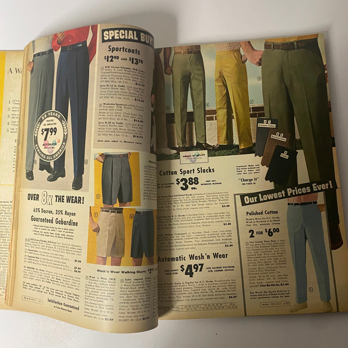 Vintage 1961 Montgomery Ward Summer Catalog image showcasing men's summer sportcoats, cotton slacks, and walking shorts with prices.