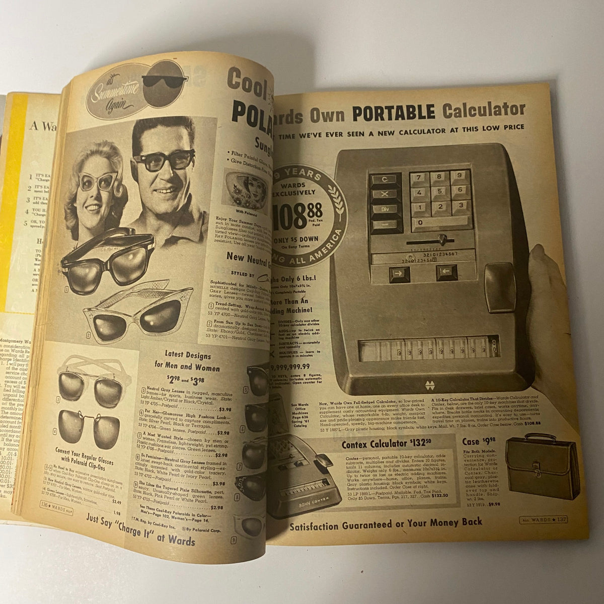 Inside page of the 1961 Montgomery Ward Summer Catalog featuring polarized sunglasses and a portable calculator advertisement.