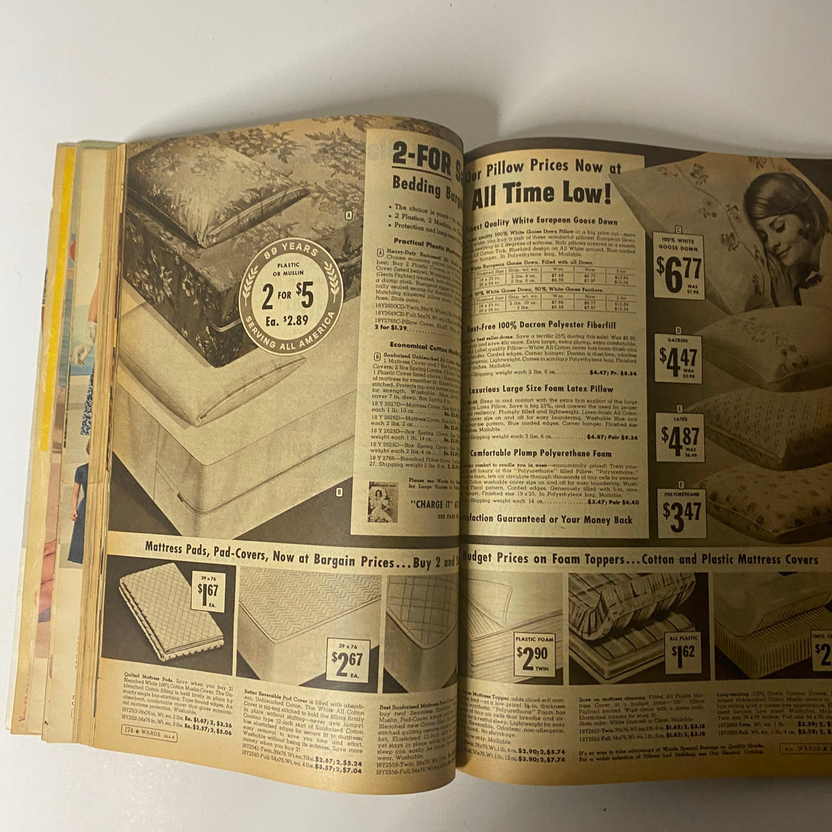 Interior page from the 1961 Montgomery Ward Summer Catalog showcasing bedding products with prices and descriptions, highlighting mattress pads and pillows.