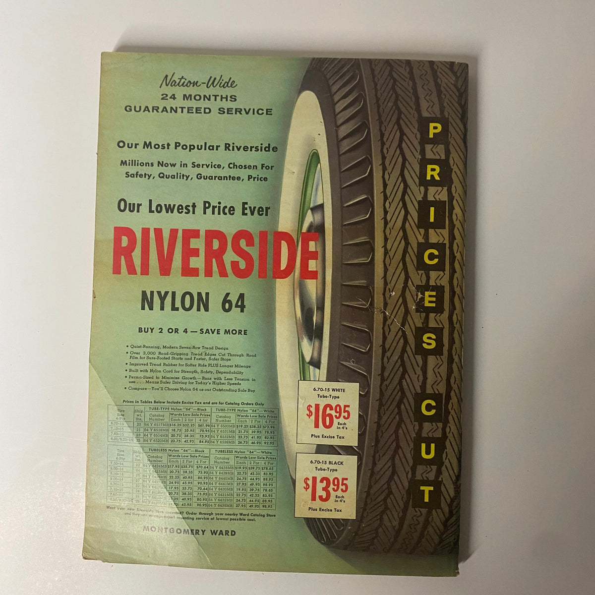 Cover image of the 1961 Montgomery Ward Summer Catalog featuring Riverside Nylon tires with pricing and service guarantee details.