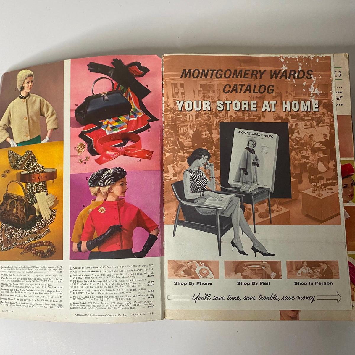 Interior pages of the 1961 Montgomery Ward Fall and Winter Catalog showcasing a variety of fashion items including handbags and clothing, reflecting the shopping culture of the 1960s.