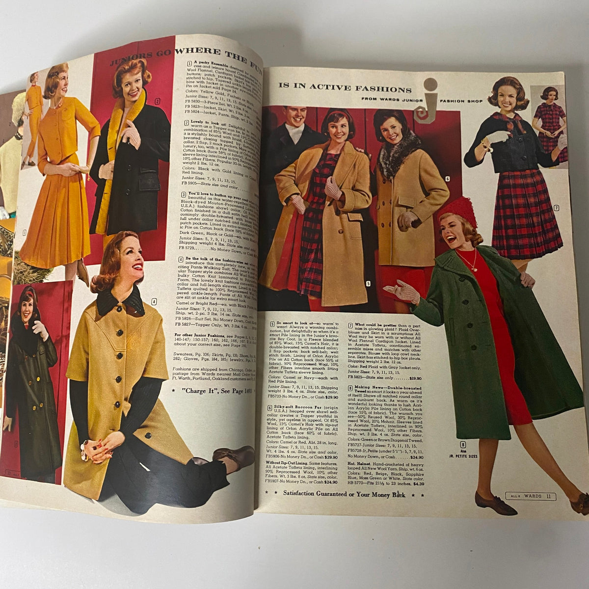 Interior page of the 1961 Montgomery Ward Fall and Winter Catalog, featuring various stylish coats and dresses displayed on models, highlighting 1960s fashion trends.