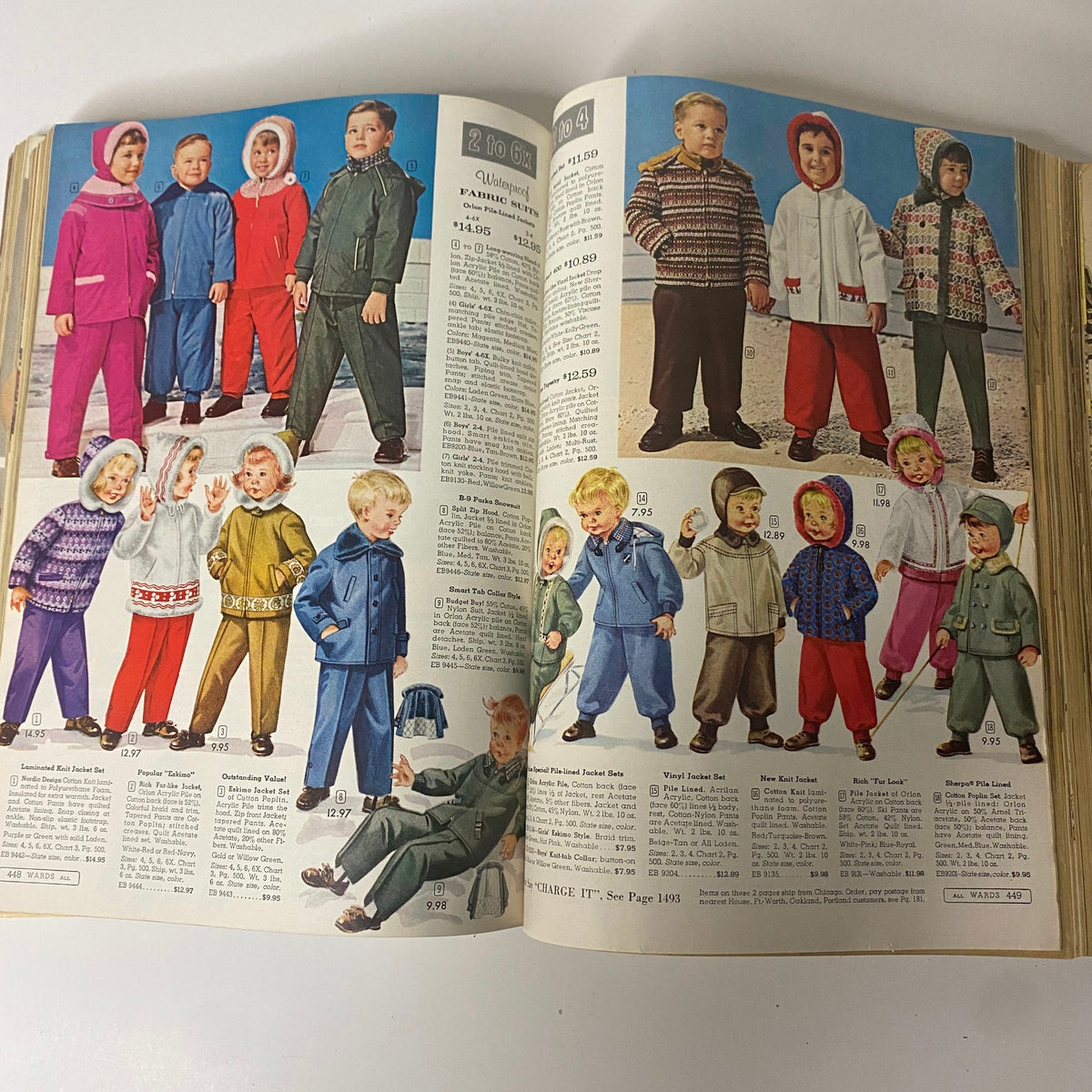 1961 Montgomery Ward Fall and Winter Catalog displaying children's winter clothing styles including jackets, suits, and hats, highlighting vibrant colors and patterns.