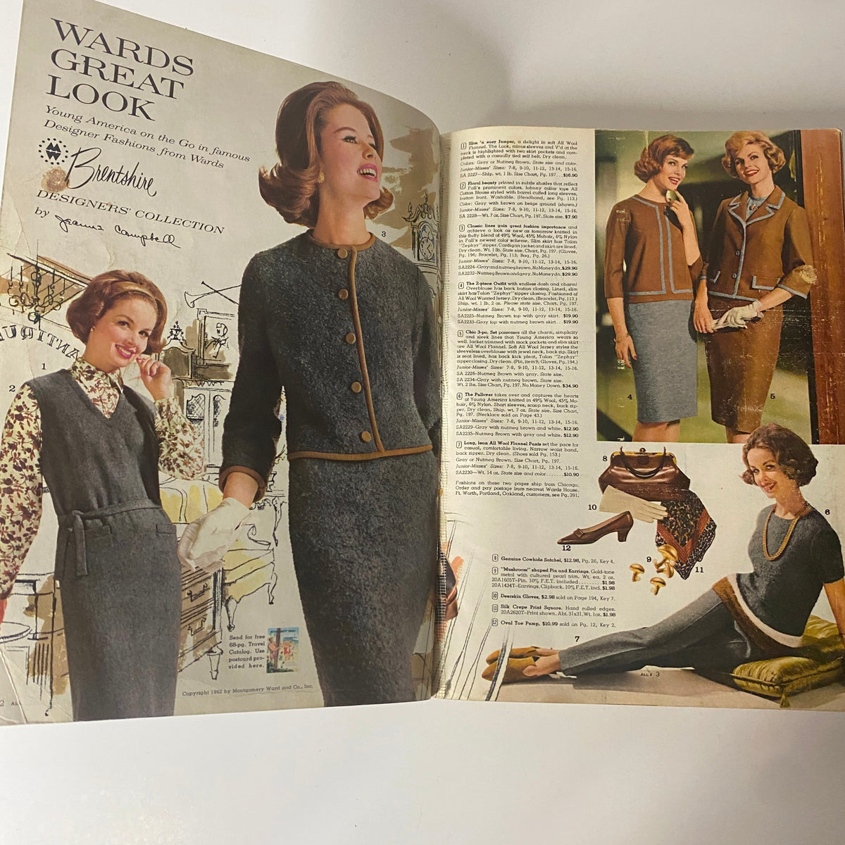 Cover spread from the 1962 Montgomery Ward Fall and Winter Catalog showcasing women's vintage fashion featuring the Brentshire Designer Collection, including a wool blend buttoned jacket and matching skirt.