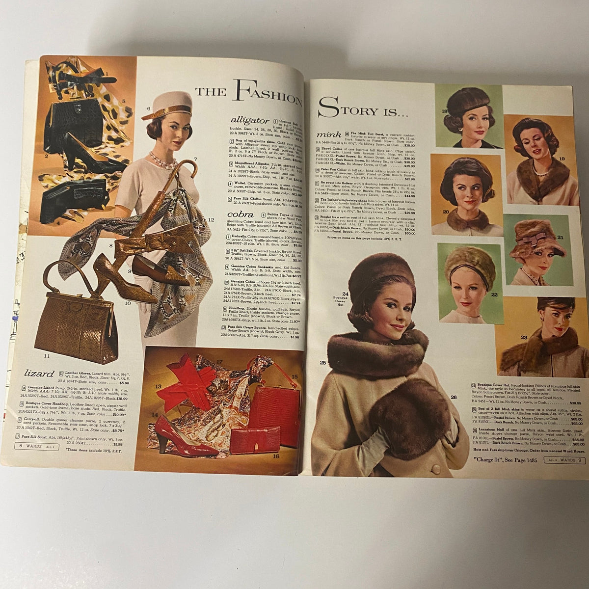Inside spread from the 1962 Montgomery Ward Fall and Winter Catalog highlighting luxury accessories like alligator handbags, elegant heels, and fur headwear, representing the sophisticated fashion trends of the early 1960s.