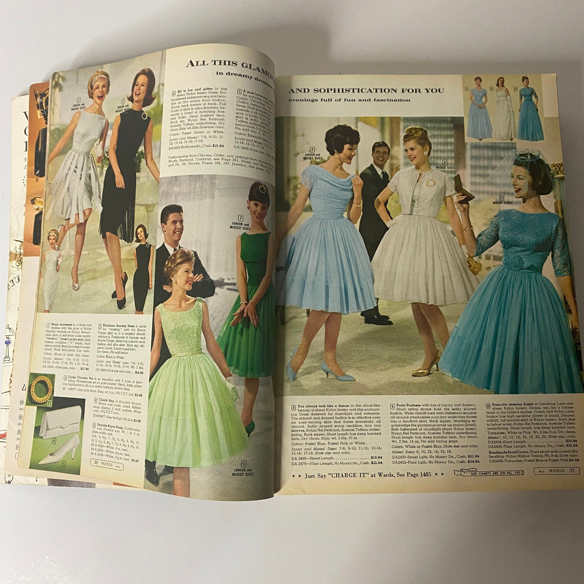 Elegant evening gown styles featured in the 1962 Montgomery Ward Fall and Winter Catalog, displaying various vintage dresses suitable for formal occasions, with models in classic short and long silhouettes.