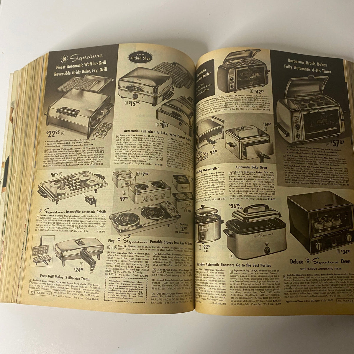 1962 Montgomery Ward Fall and Winter Catalog presenting a variety of electric kitchen appliances and grills, showcasing popular culinary tools of the era.