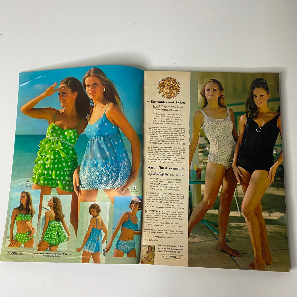 1969 Montgomery Ward Summer Catalog displays models in playful summer swimwear, featuring chic patterns and styles, highlighting the essence of 1960s fashion.