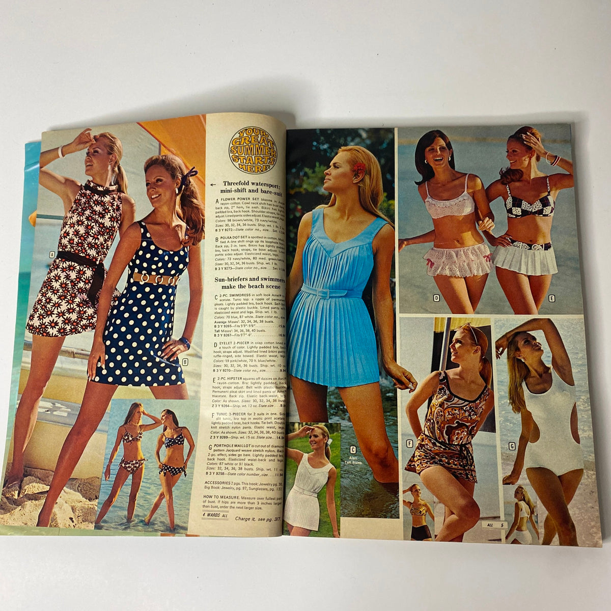 1969 Montgomery Ward Summer Catalog shows diverse swimwear designs, including floral and striped outfits, exemplifying summer fashion trends from 1969.
