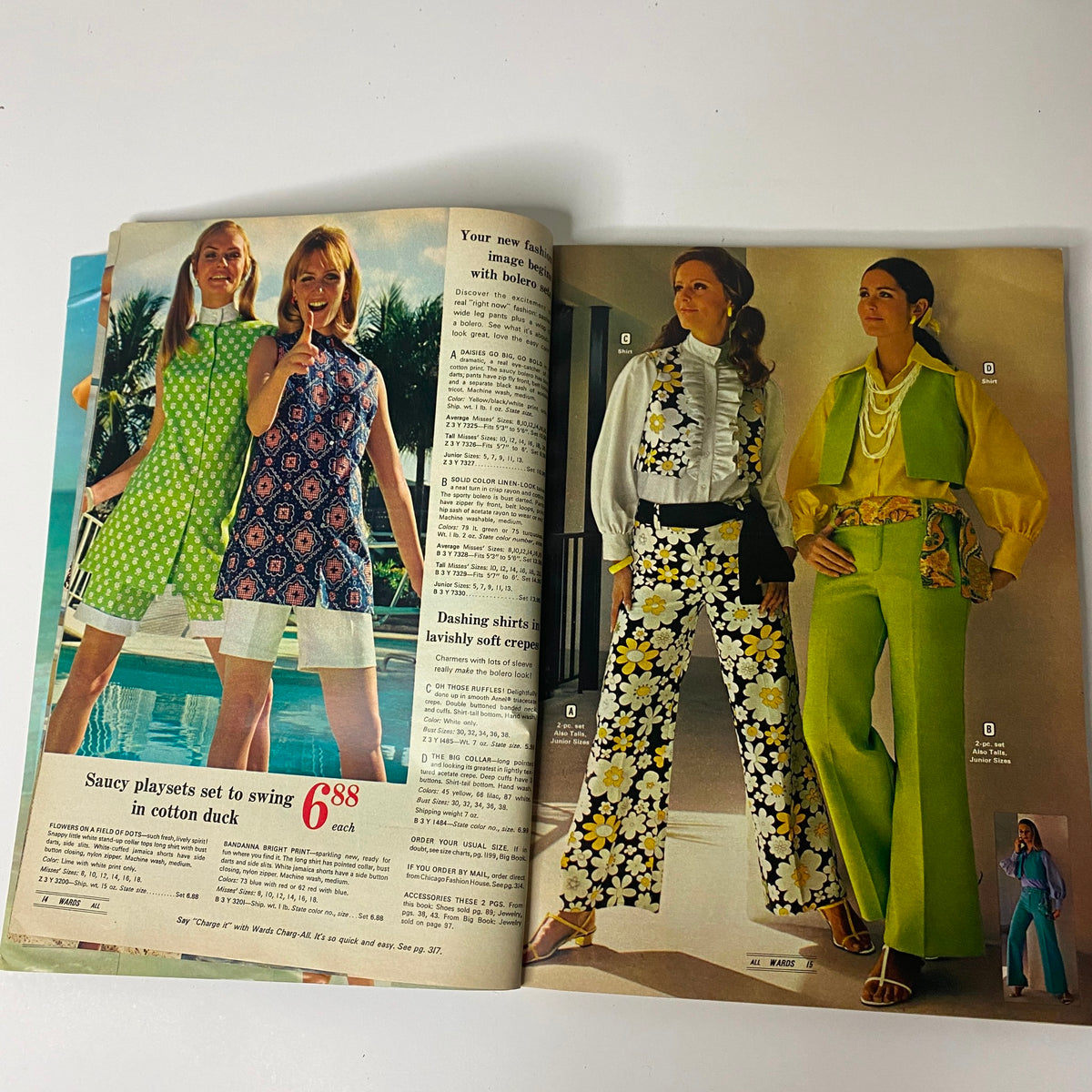 1970s inspired fashion in the 1969 Montgomery Ward Summer Catalog, featuring colorful playsets and stylish ensembles perfect for warm weather.