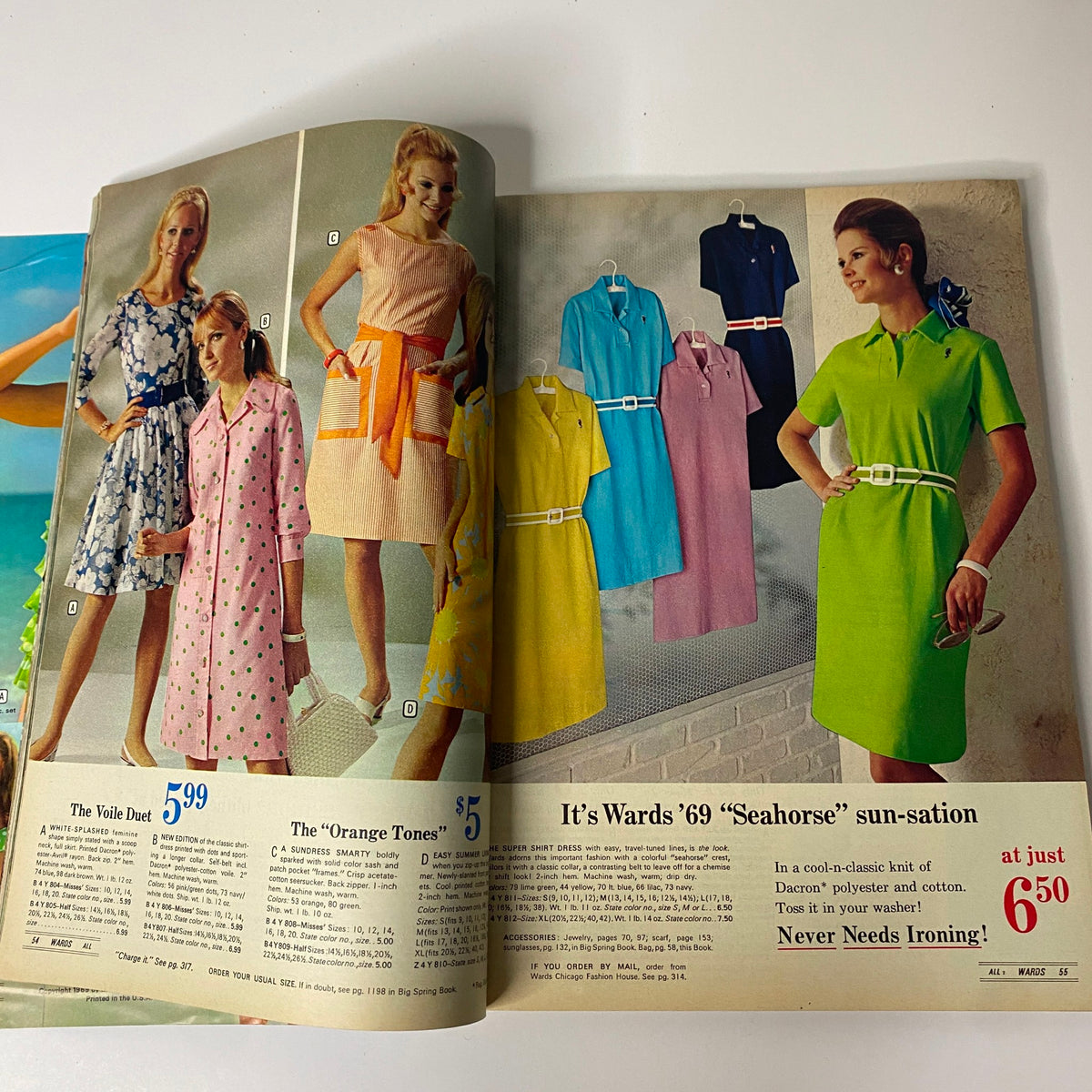 1969 Montgomery Ward Summer Catalog reveals a range of vibrant dresses, showcasing summer styles in bold colors and chic designs, reflecting the fashion of the era.