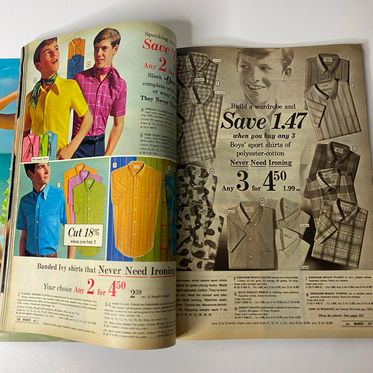 1969 Montgomery Ward Summer Catalog featuring vibrant boys' shirts and swimwear, showcasing retro styles and pricing promotions.