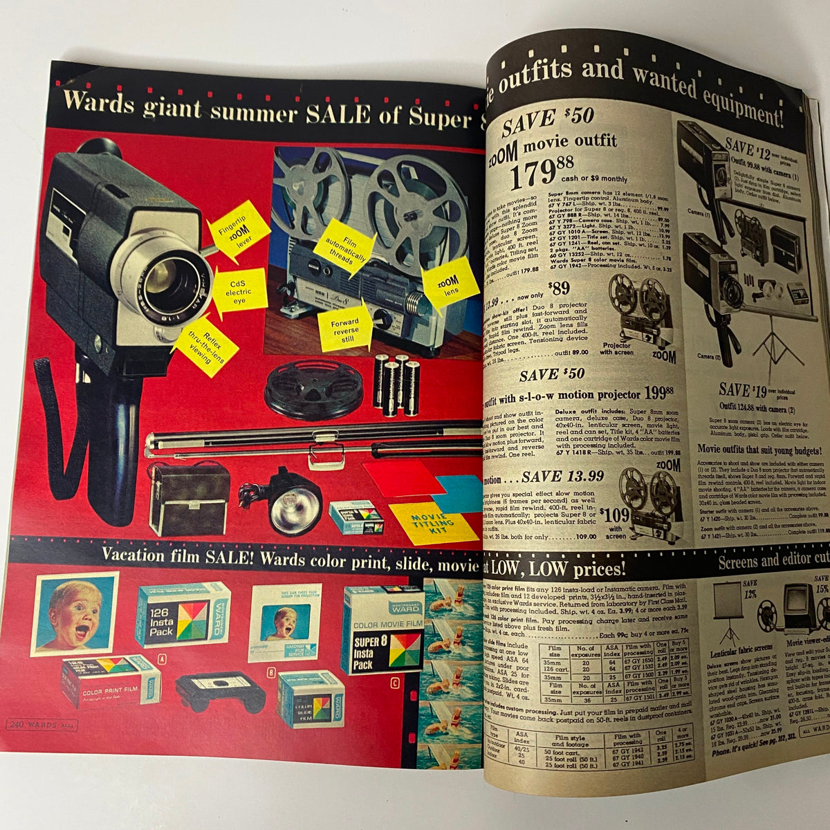 1969 Montgomery Ward Summer Catalog highlighting summer sale on movie equipment and vacation film products with promotional pricing.