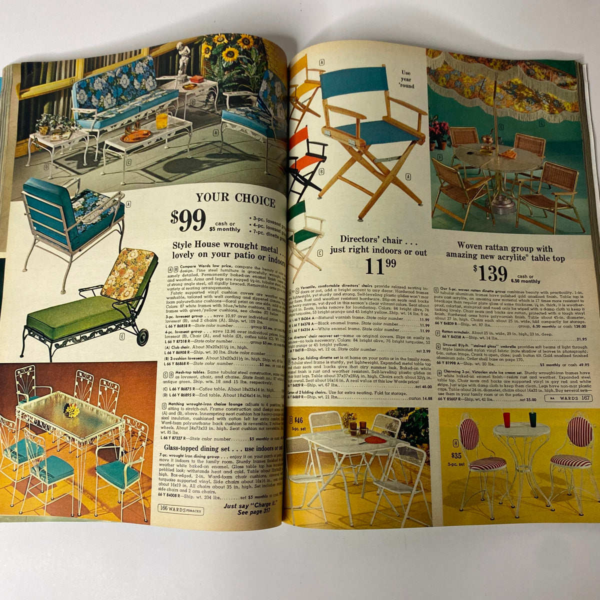 1969 Montgomery Ward Summer Catalog displaying a variety of garden furniture, including dining sets and chairs, with price options.