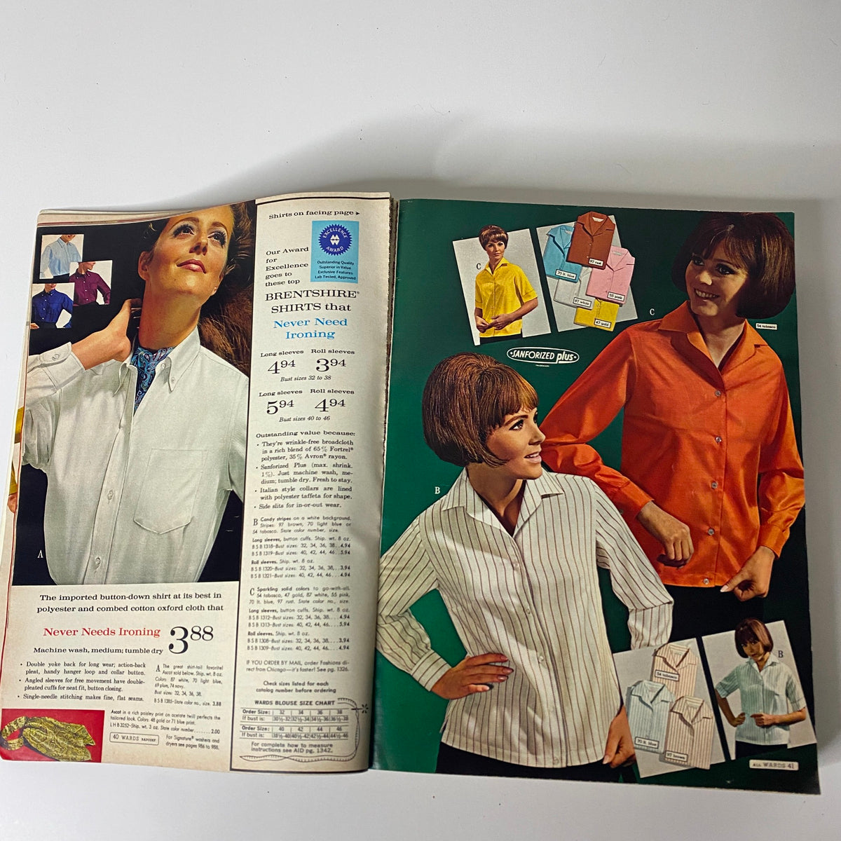 Inside pages of the 1967 Montgomery Ward Fall and Winter Catalog showcasing Brentshire shirts that never need ironing, with a focus on fashionable options and pricing.