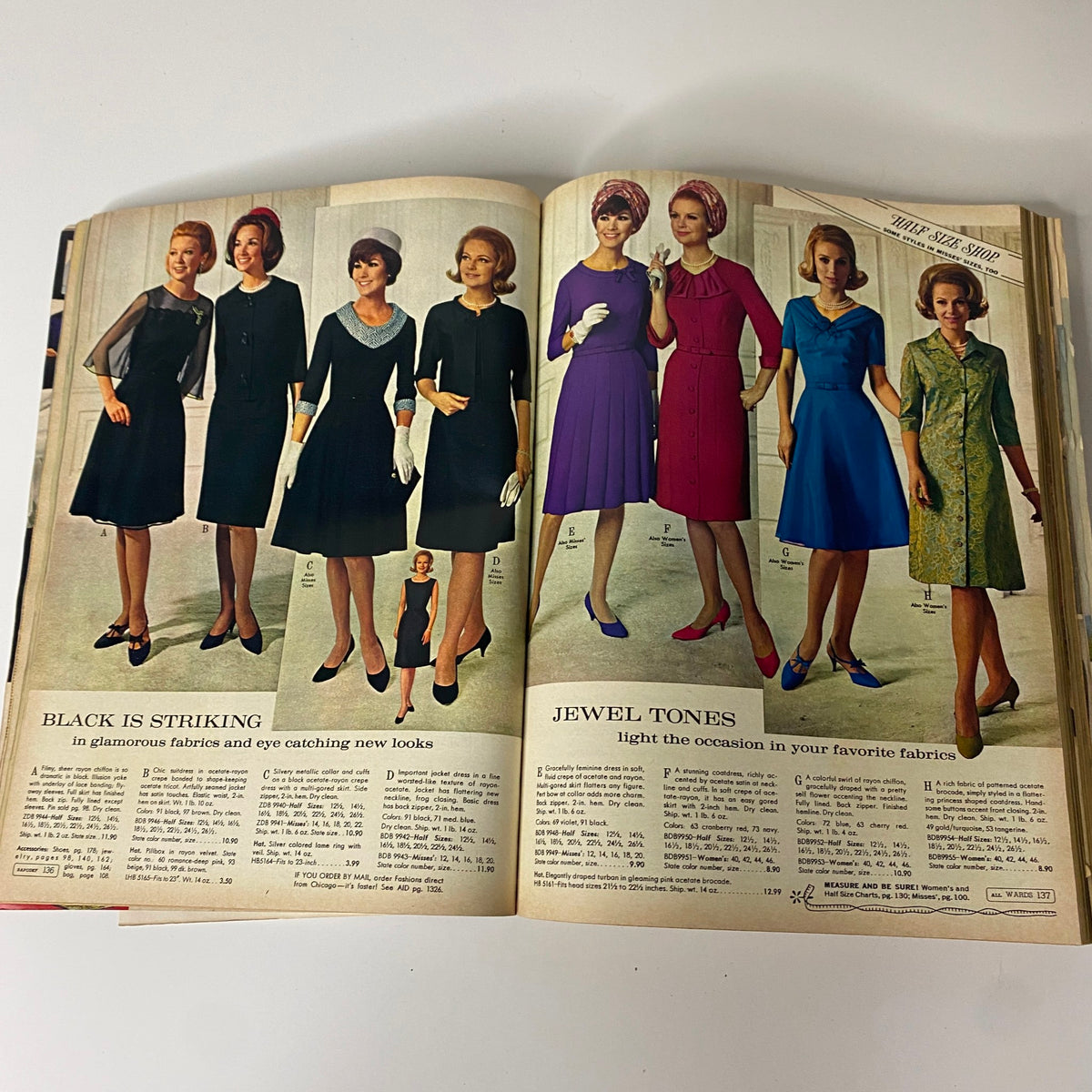 1967 Montgomery Ward Fall and Winter Catalog displaying elegant dresses in jewel tones and classic black, featuring the latest 1960s evening wear styles.