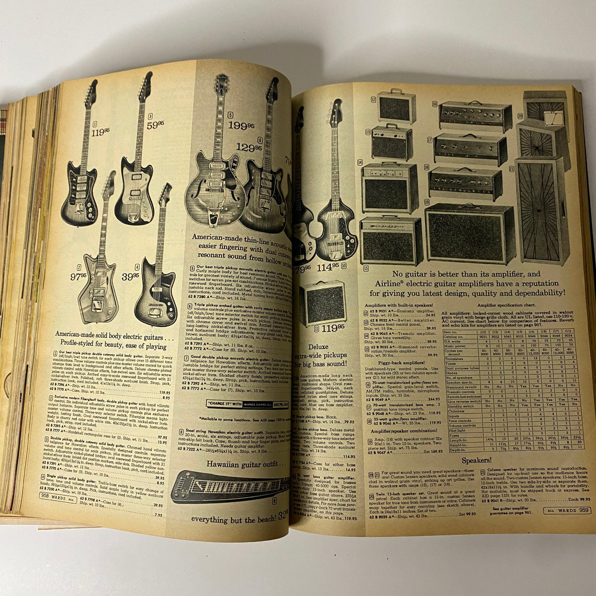 Image from the 1967 Montgomery Ward Fall and Winter Catalog featuring electric guitars and amplifiers with detailed pricing and specifications.