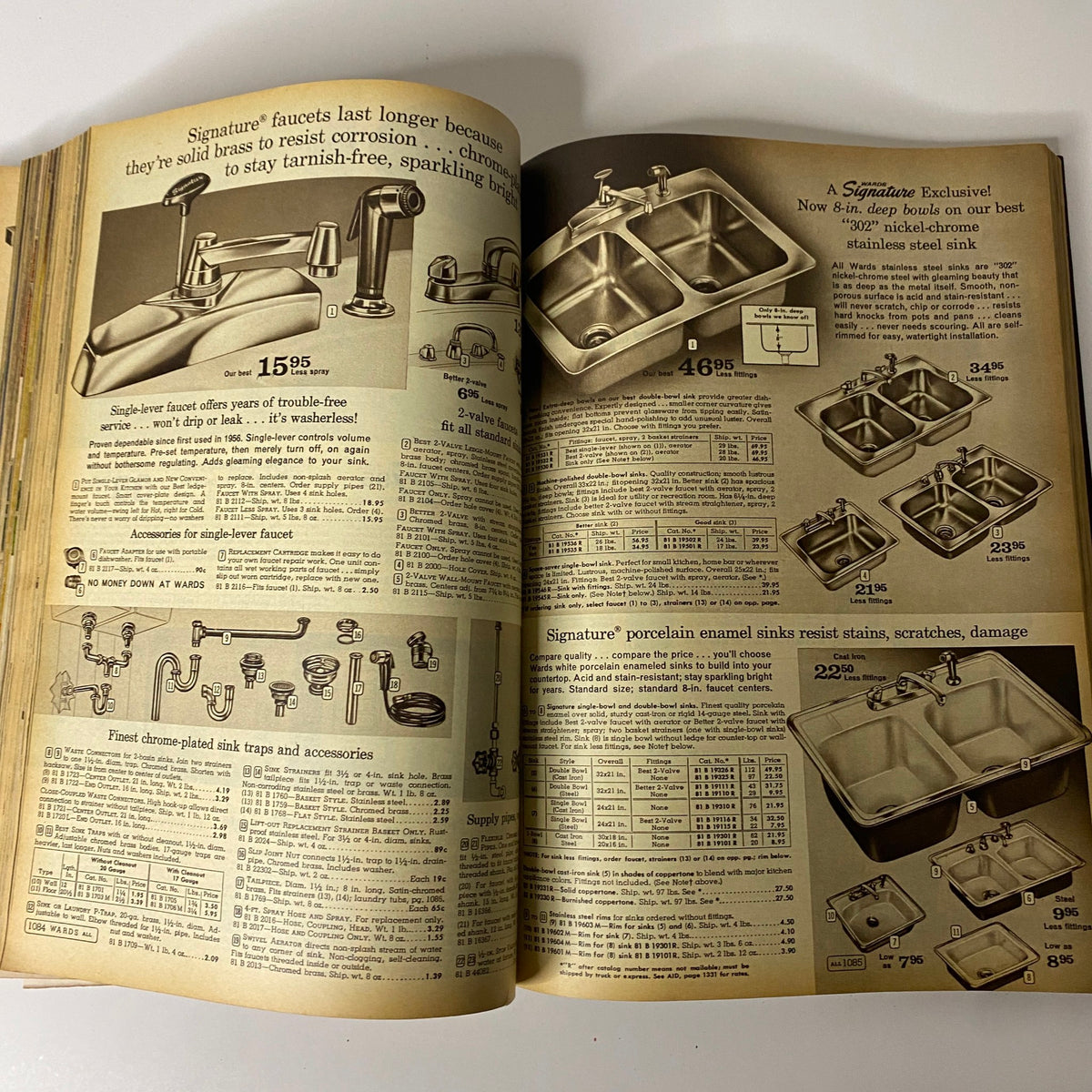 Image from the 1967 Montgomery Ward Fall and Winter Catalog showcasing kitchen and bathroom fixtures like faucets and sinks, complete with pricing information.